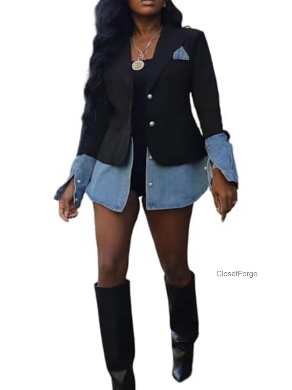 Patchwork Denim Blazer Jacket Long Sleeve Office Casual Coat